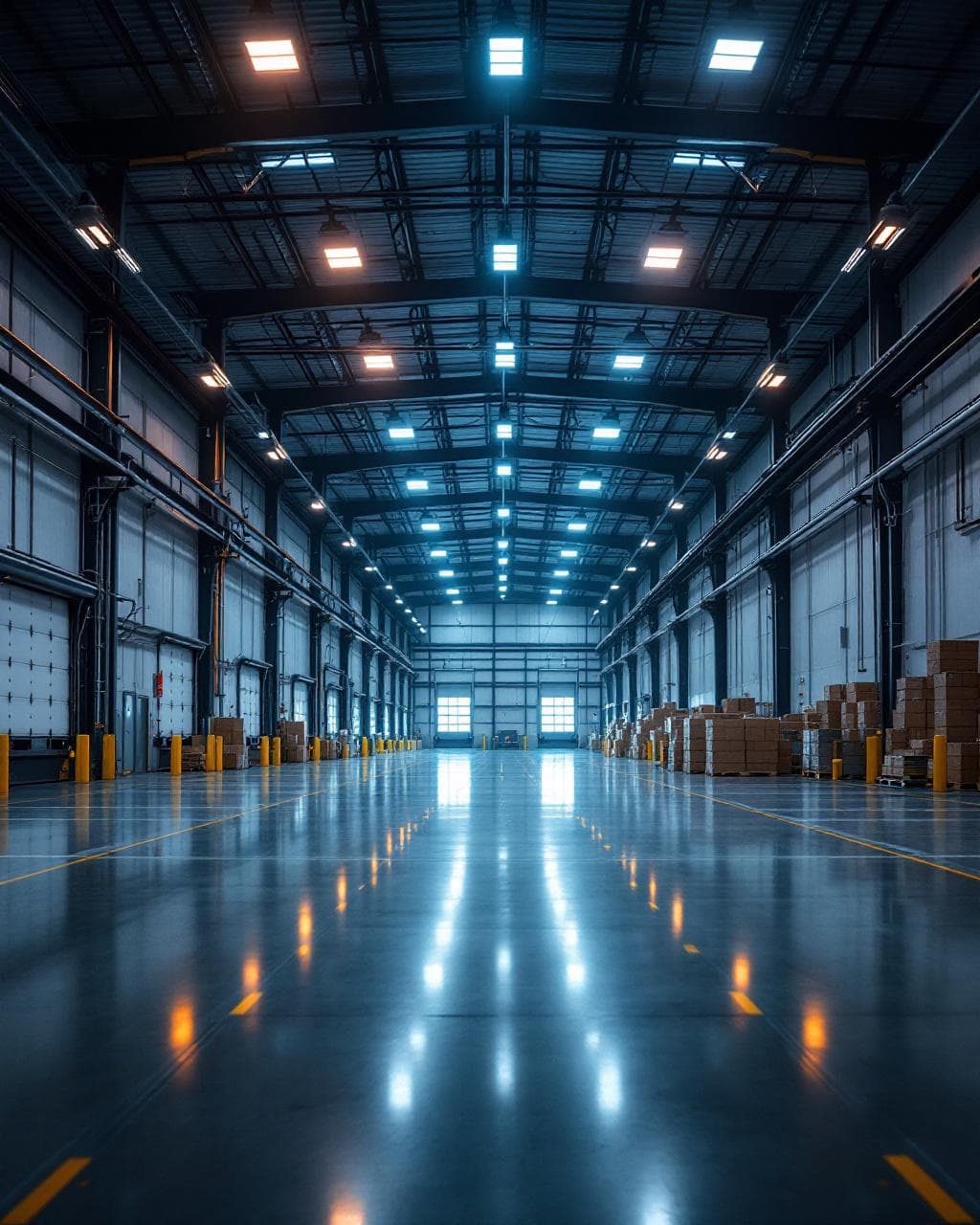 Modern warehouse interior with industrial lighting